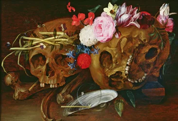 Vanitas-asetelma, jossa on pääkalloja, kukkia, jokihelmisimpukan kuori, kupla ja oljenkorsi